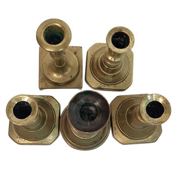 Antique Solid Brass Candlestick Holders Set Of 5 Mixed Styles & Heights - Picture 2 of 7